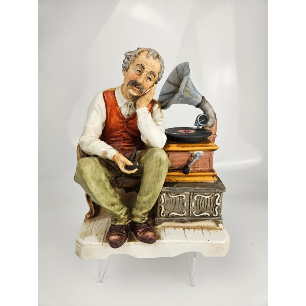 Vintage Music Box Figurine Man Listening Gramophone Rustic Decor